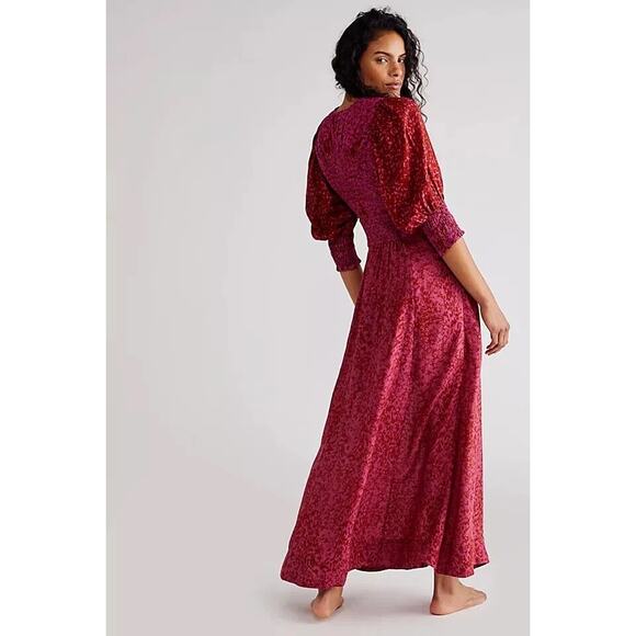 Free People Magenta Printed Cutout Button Maxi Dress Sz XL Boho Cottagecore - Picture 2 of 9